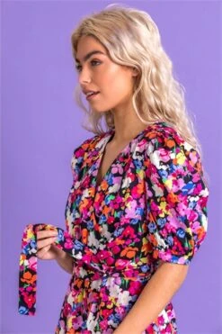 Purple Ditsy Floral Frill Detail Dress