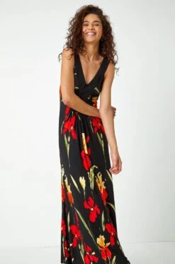 Black Floral Stretch Jersey Maxi Dress