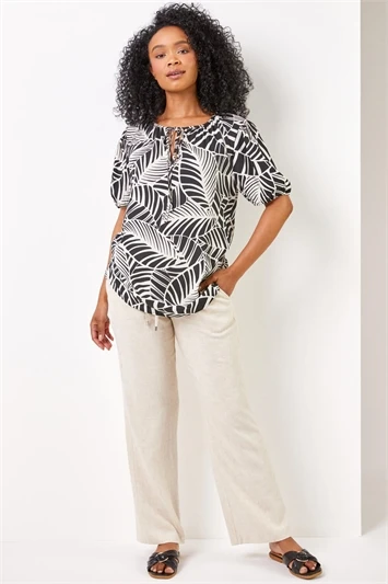 Black Petite Contrast Tropical Print Neck Tie Top 6 Black Petite Contrast Tropical Print Neck Tie Top - Image 4