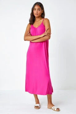Fuchsia Plain Stretch Jersey Pocket Midi Dress