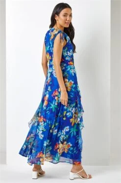 Blue Sleeveless Floral Print Maxi Dress