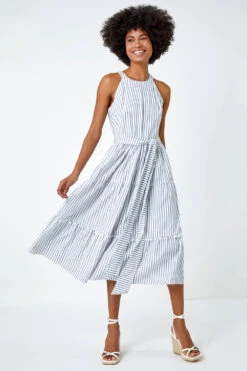 Blue Tiered Cotton Halter Neck Stripe Dress -Outlet Modi Qube Store 2c99322a 5ce4 4174 a223 51247d5f8086