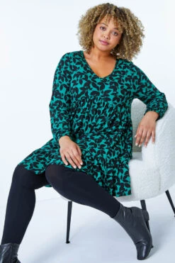 Green Curve Animal Print Tiered Tunic Dress