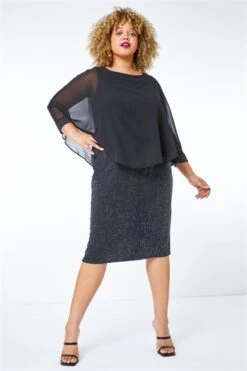 Black Curve Embellished Chiffon Overlay Dress