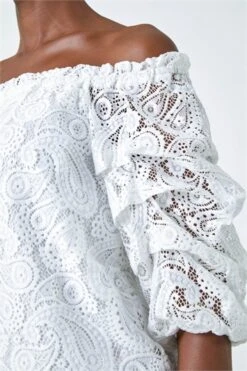 Ivory Lace Detail Shirred Bardot Top