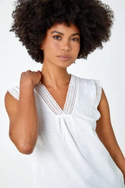 Ivory Sleeveless Lace Trim Cotton Top
