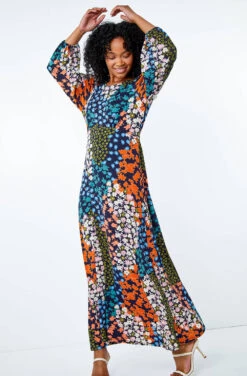 Khaki Petite Floral Stretch Midi Dress