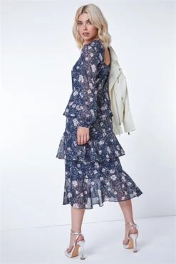 Navy Floral Print Frill Detail Midi Dress -Outlet Modi Qube Store 2f95670e f6bd 4ee4 a071 c05a91d55e56