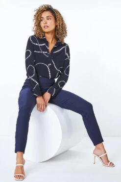 Navy Petite Full Length Stretch Trousers