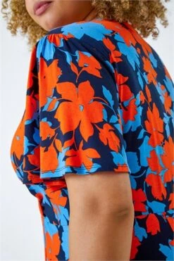 Orange Curve Floral Frill Sleeve Top