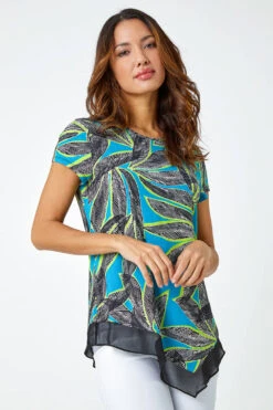 Turquoise Palm Leaf Chiffon Hem Asymmetric Top