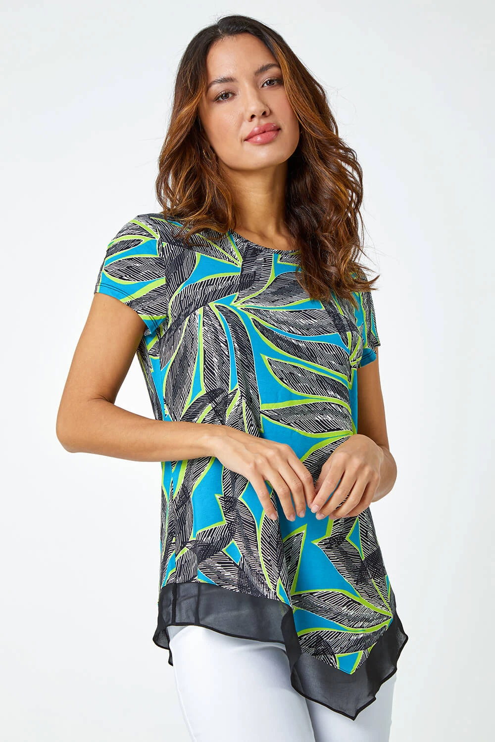 Turquoise Palm Leaf Chiffon Hem Asymmetric Top 3 Turquoise Palm Leaf Chiffon Hem Asymmetric Top