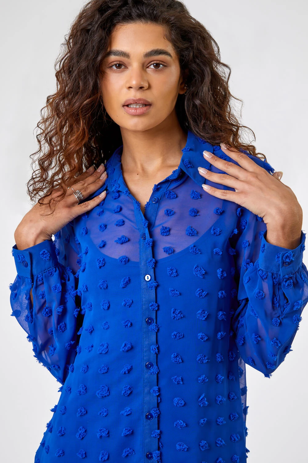 Royal Blue Textured Spot Button Up Blouse 6 Royal Blue Textured Spot Button Up Blouse - Image 4
