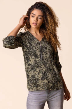 Khaki Ditsy Floral Print Zip Top