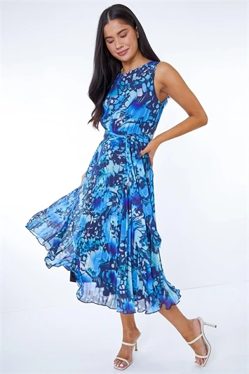 Blue Petite Floral Print Pleated Midi Dress 4 Blue Petite Floral Print Pleated Midi Dress - Image 2