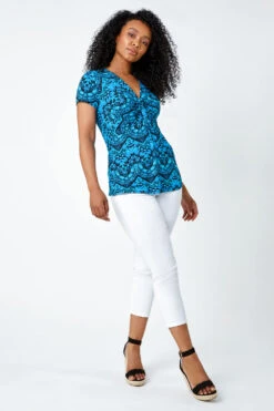 Blue Petite Aztec Knot Detail Stretch Top