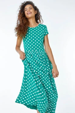 Green Spot Print Stretch Midi Dress