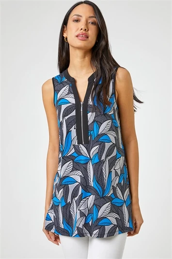 Grey Textured Leaf Print Zip Front Top 3 Grey Textured Leaf Print Zip Front Top