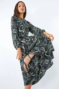Black Marble Print Fit & Flare Dress