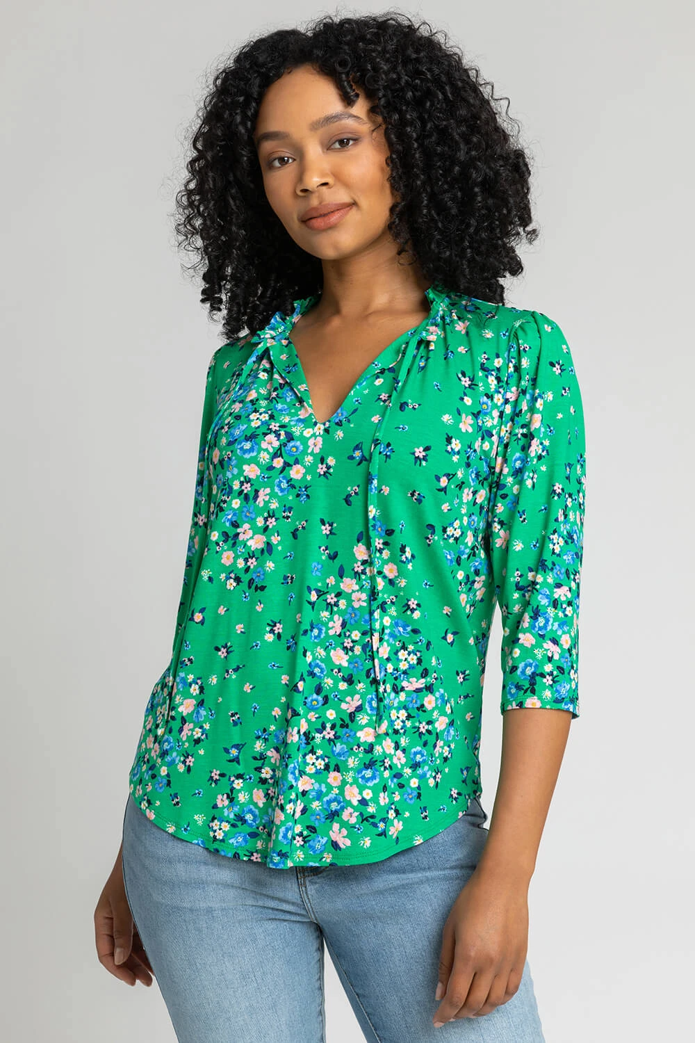 Green Petite Floral Print Tie Neck Top 3 Green Petite Floral Print Tie Neck Top