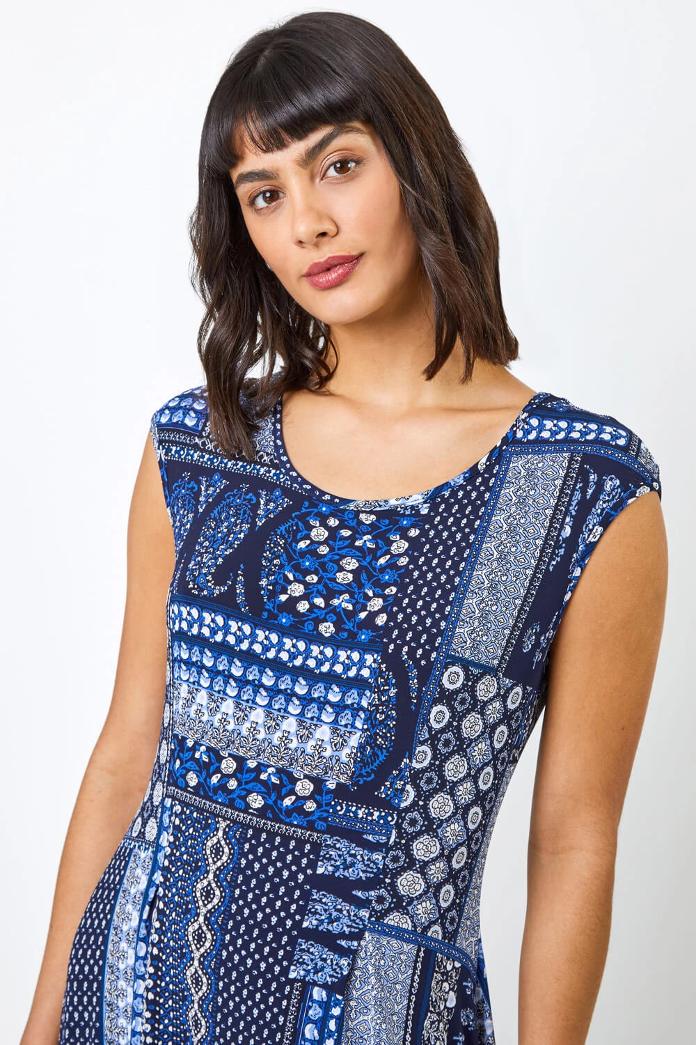 Navy Patchwork Stretch Hanky Hem Dress 6 Navy Patchwork Stretch Hanky Hem Dress - Image 4