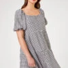 Black Curve Gingham Print Tiered Dress