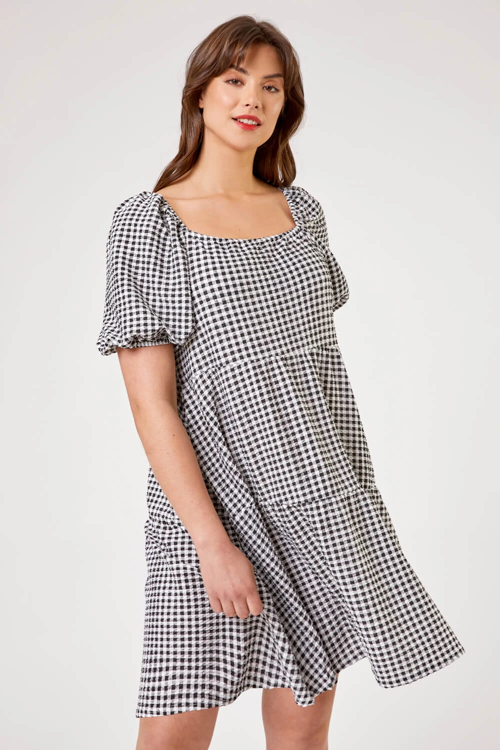 Black Curve Gingham Print Tiered Dress 3 Black Curve Gingham Print Tiered Dress