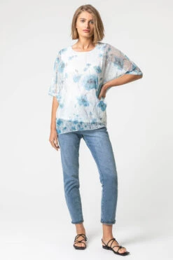 Blue Mesh Overlay Floral Print Top -Outlet Modi Qube Store 3e20f7a7 de0a 445c a121 8bf8af390b1a