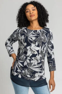 Navy Petite Floral Lily Print Chiffon Hem Top