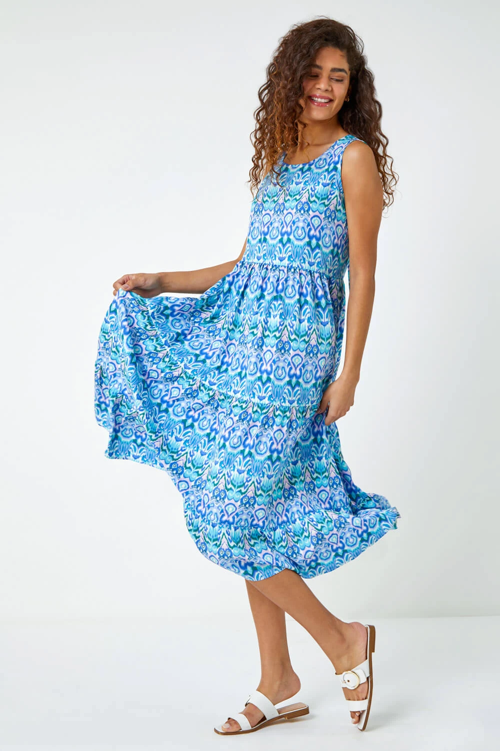 Aqua Sleeveless Aztec Print Smock Midi Dress 4 Aqua Sleeveless Aztec Print Smock Midi Dress - Image 2