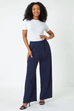 Navy Petite Wide Leg Stretch Trousers
