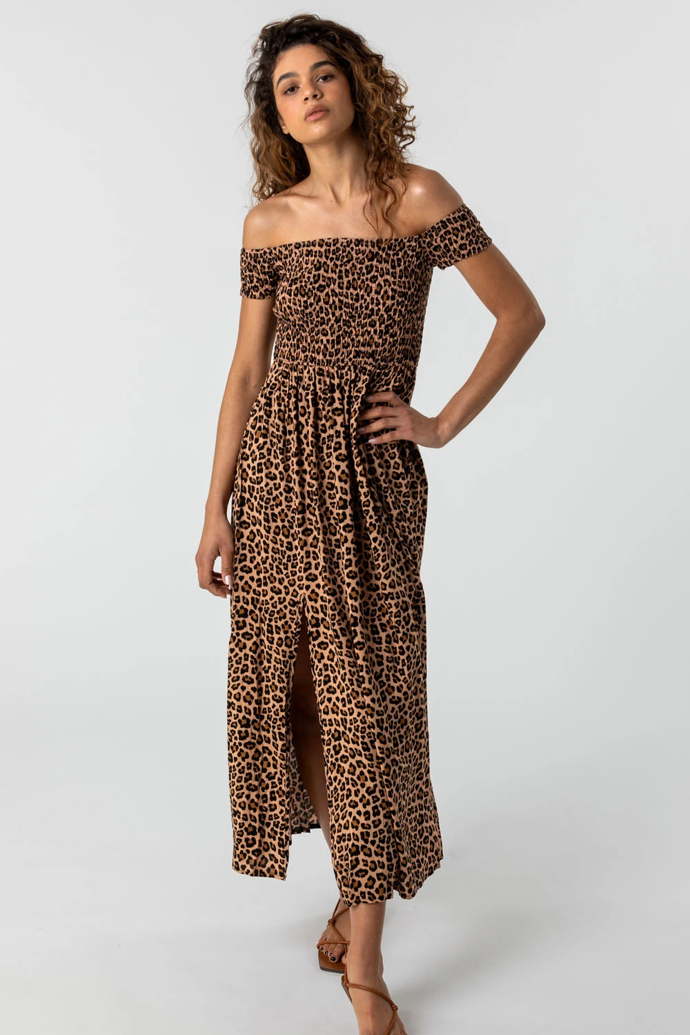 Brown Shirred Animal Print Bardot Dress 5 Brown Shirred Animal Print Bardot Dress - Image 3