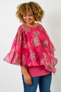 Fuchsia Curve Paisley Print Chiffon Top