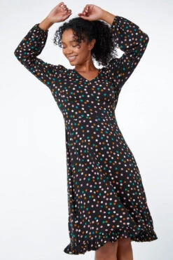 Black Petite Spot Print Frill Hem Dress