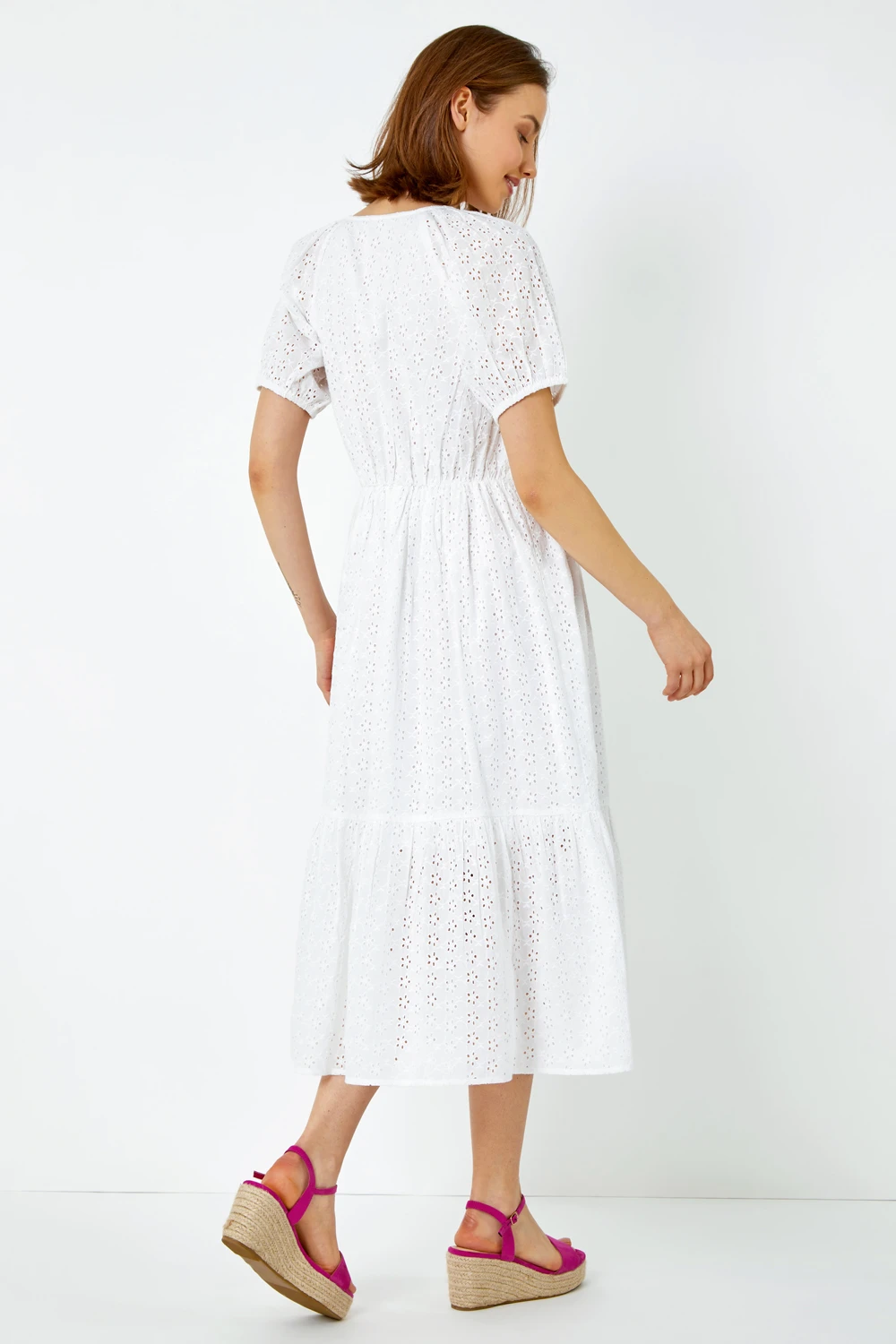 White Broderie Puff Sleeve Cotton Midi Dress 5 White Broderie Puff Sleeve Cotton Midi Dress - Image 3