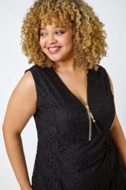 Black Curve Zip Detail Lace Top