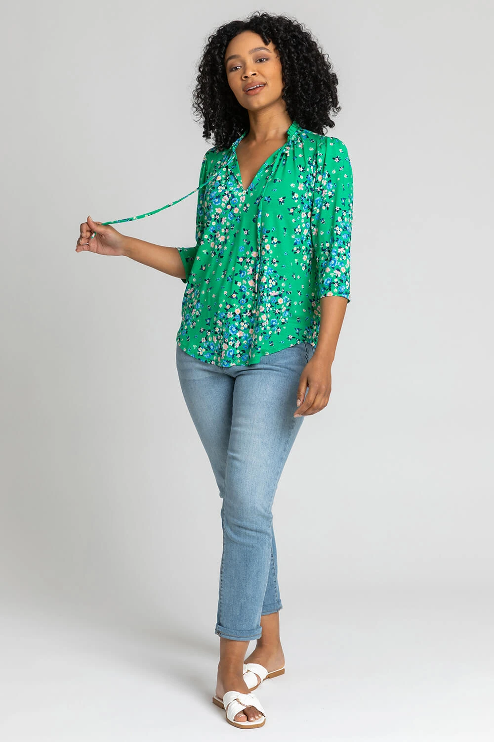 Green Petite Floral Print Tie Neck Top 5 Green Petite Floral Print Tie Neck Top - Image 3