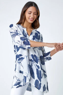 Navy Palm Print Wrap Hem Tunic Top