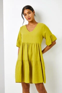 Pea Green Textured Tiered Smock Dress