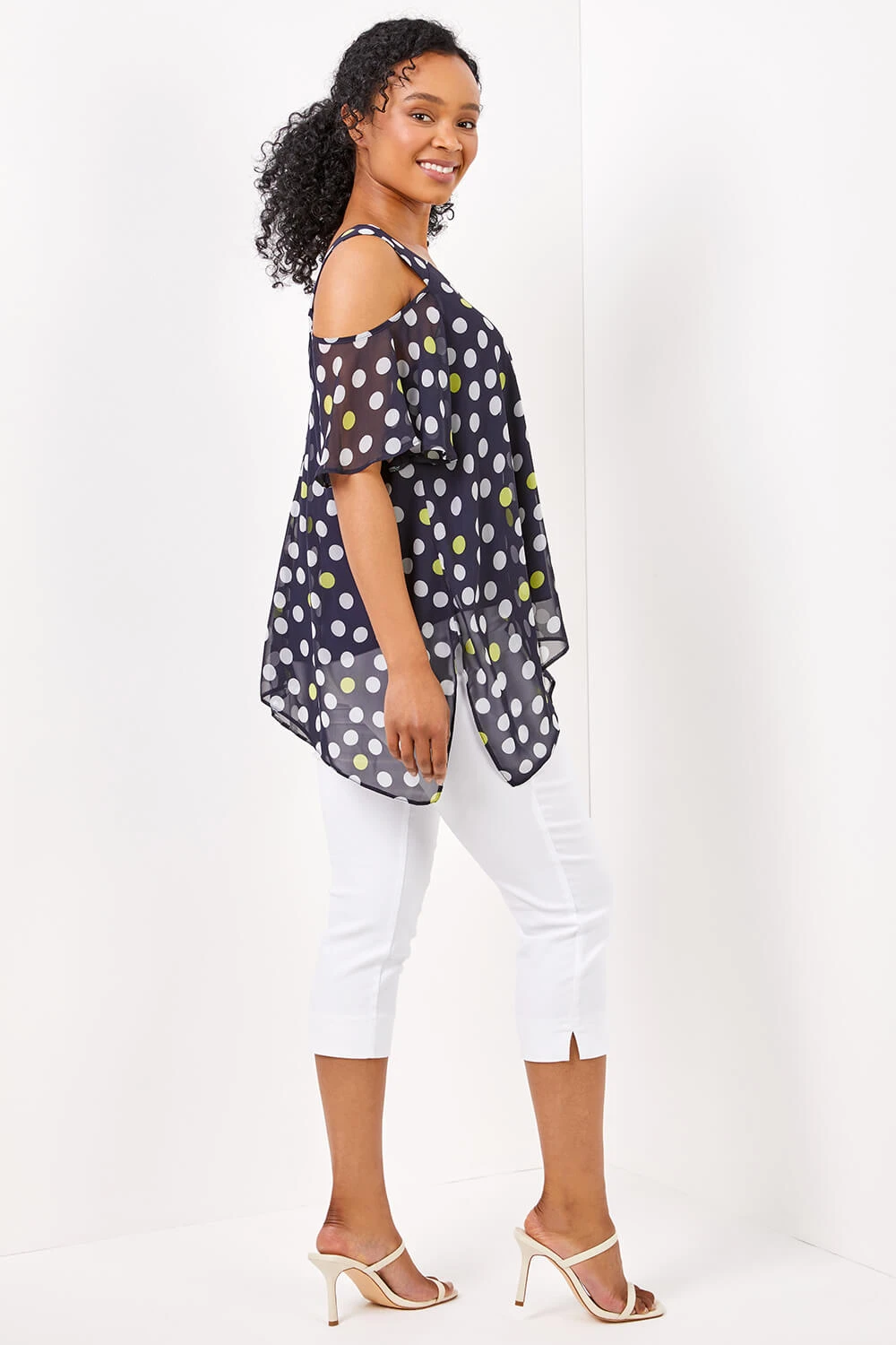 Navy Petite Cold Shoulder Spot Hanky Hem Top 4 Navy Petite Cold Shoulder Spot Hanky Hem Top - Image 2