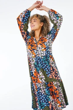 Khaki Petite Tiered Floral Stretch Dress