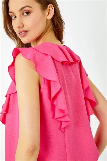 Cerise Frill Neck Plain Tie Detail Top 6 Cerise Frill Neck Plain Tie Detail Top - Image 4