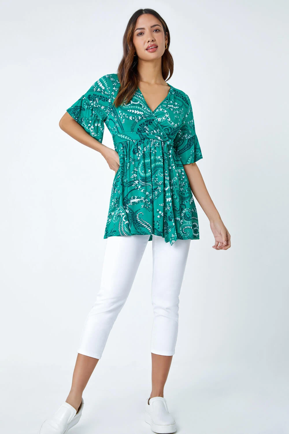 Green Paisley Print Stretch Jersey Wrap Top 4 Green Paisley Print Stretch Jersey Wrap Top - Image 2