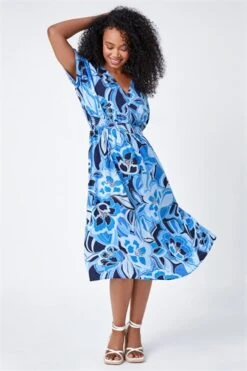 Blue Petite Floral Stretch Shirred Midi Dress -Outlet Modi Qube Store 468e51cf 72e8 4dec b22e cf4c381ce07b