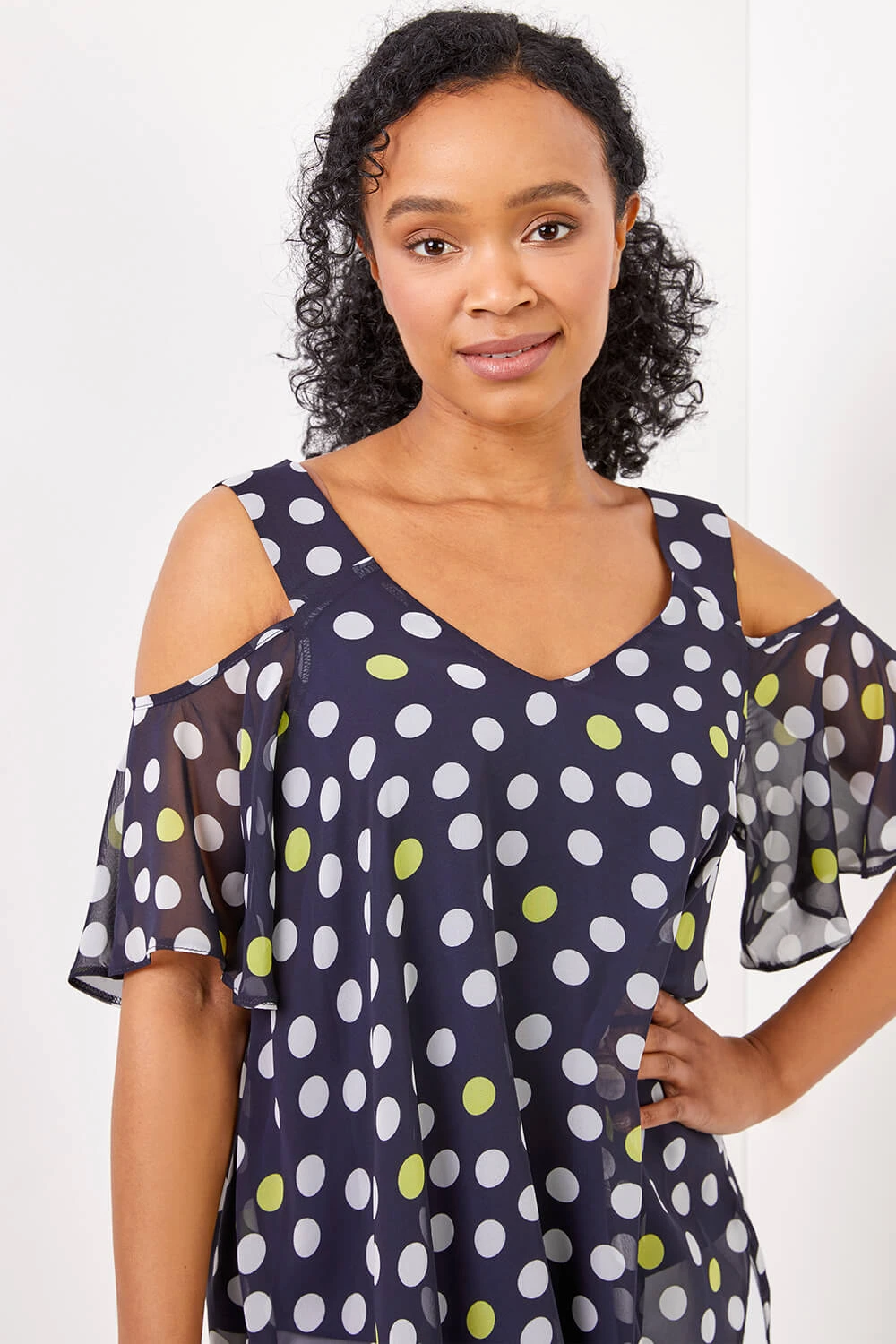 Navy Petite Cold Shoulder Spot Hanky Hem Top 6 Navy Petite Cold Shoulder Spot Hanky Hem Top - Image 4