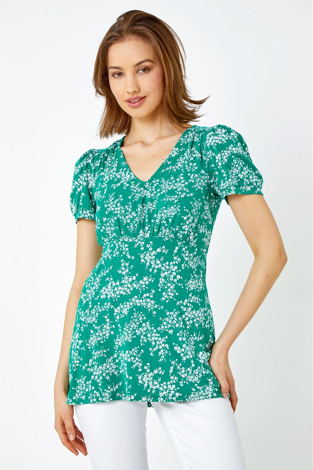 Green Ditsy Floral Print Stretch T-Shirt 4 Green Ditsy Floral Print Stretch T-Shirt - Image 2