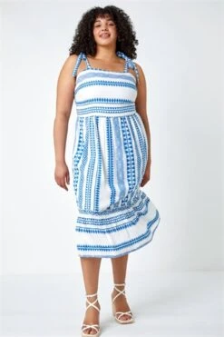 Blue Curve Embroidered Cotton Blend Dress