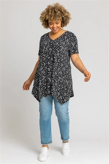 Navy Curve Spot Print Gathered Top 3 Navy Curve Spot Print Gathered Top