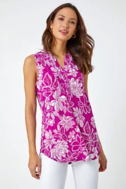 Magenta Textured Floral Print Sleeveless Top