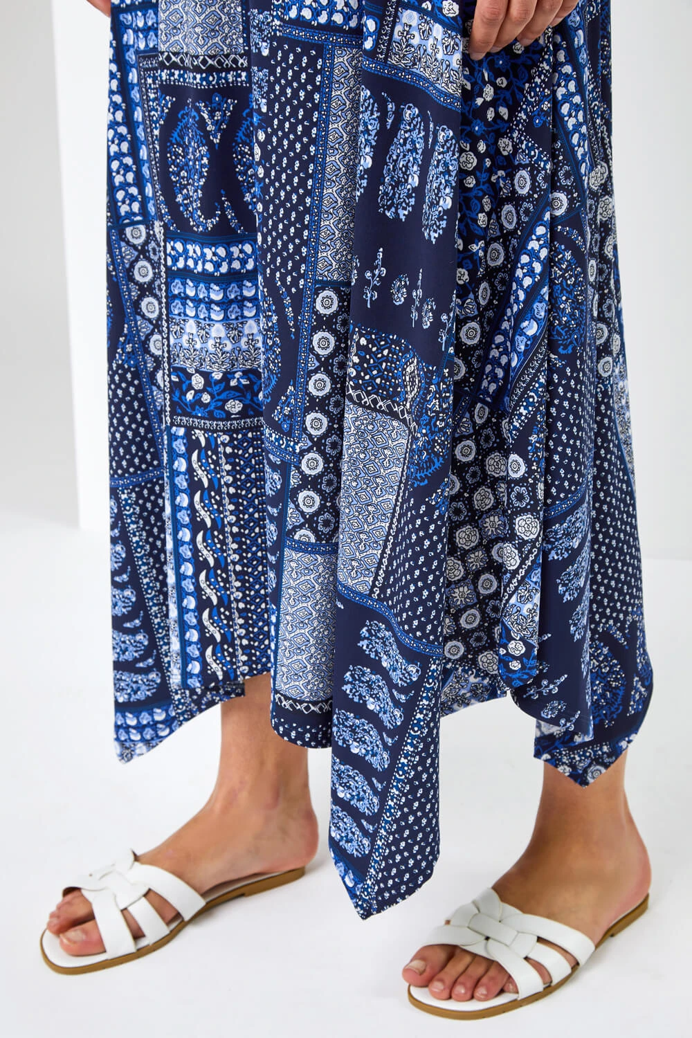 Navy Patchwork Stretch Hanky Hem Dress 7 Navy Patchwork Stretch Hanky Hem Dress - Image 5